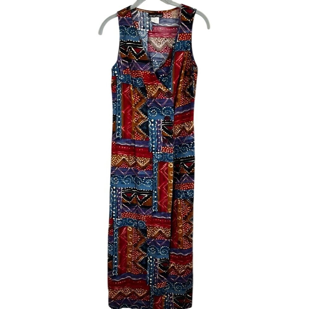 Vintage Tribal Shirt Dress 5 Red Chevron Boho Indie Folk Hippie‎ Colorful Chic